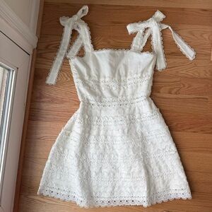 White Linen Eyelet Lace Mini Dress Tie Shoulder Sundress Lined - Size Small